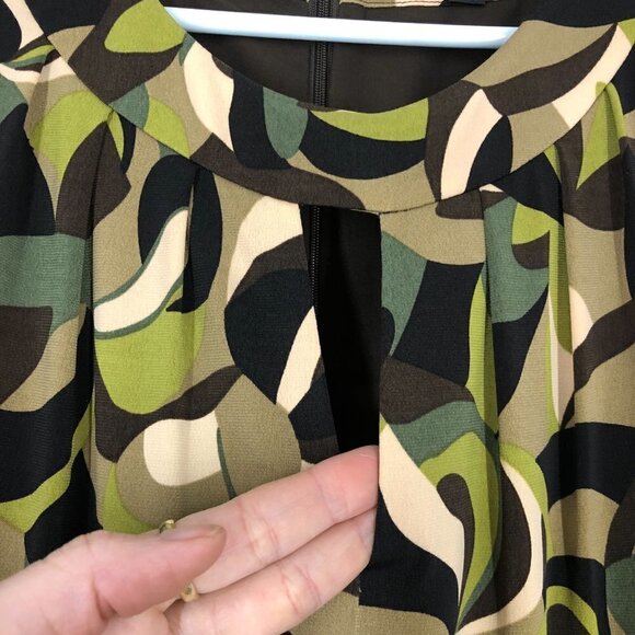 Tahari ASL Abstract Print Green Brown Cream Sleeveless Midi Dress Sz14 - Picture 3 of 16